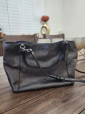 Coach Metallic Gunmetal Leather Shoulder Or Crossbody Tote/convertable Satchel